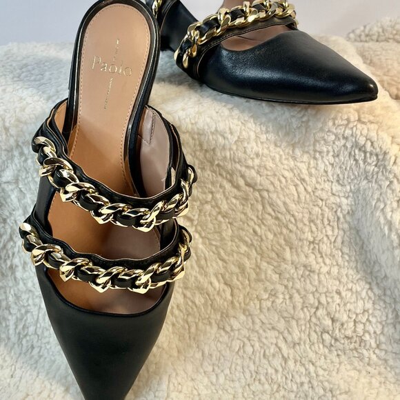 Linea Paolo Aurel Mules | Black Pointed Toe Flats w/ Double Chain | Size 8.5 - Picture 10 of 16